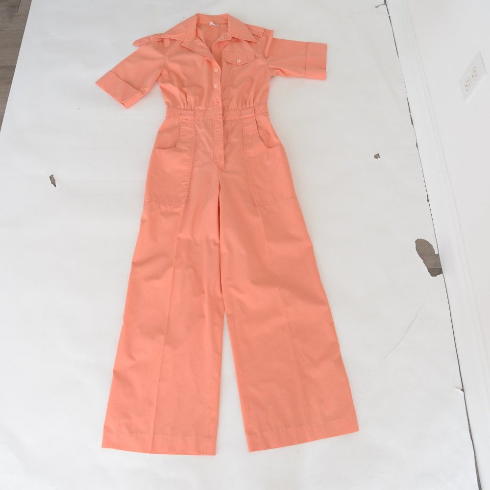 Coral Short Sleeve Jumper Pantsuit 70s Bell Bottoms Leisure Suit
